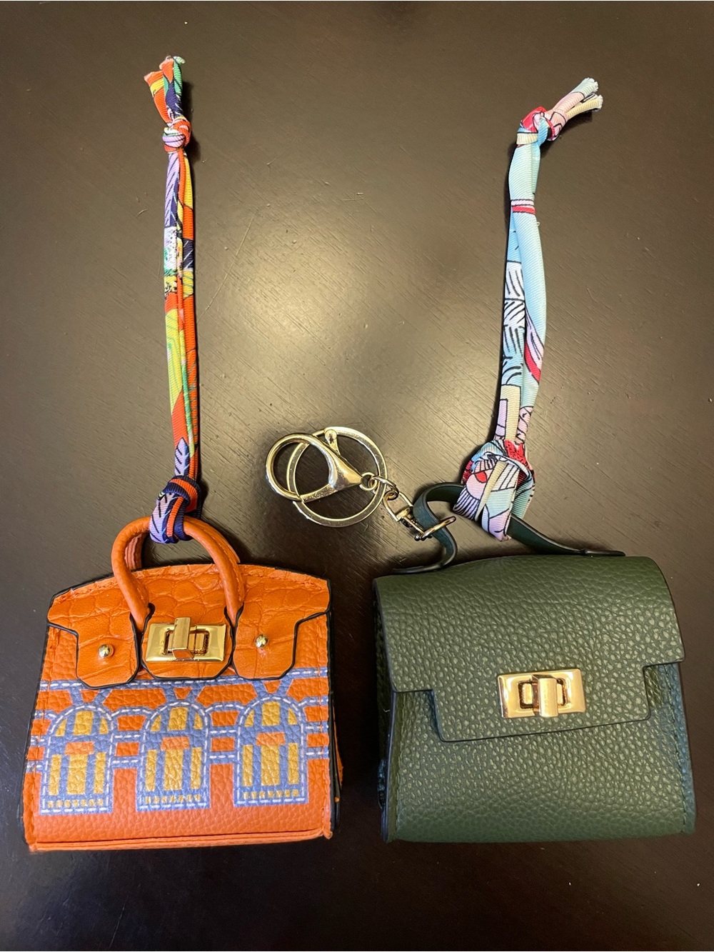 Mini Leather Keychain Bag Charm - Orange and Dark Green